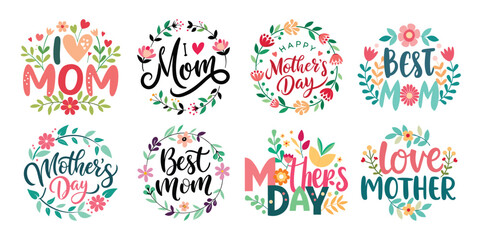 Happy Mothers Day Calligraphy Text Set Vector Illustration with Floral Decoration  