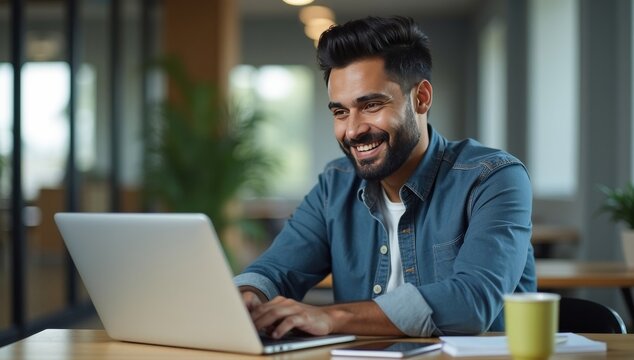 Smiling bearded indian businessman working on laptop in modern office lobby space. Young indian student using computer remote studying, watching online webinar, virtual training on video call meeting