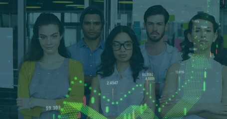 In office, diverse group analyzing financial data with animation overlay on chart