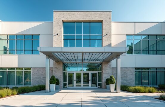 Modern medical building exterior. Main entrance, glass doors. Corporate facility with architecture details. Front view, clear sky background. Healthcare clinic, outpatient center. Healthcare