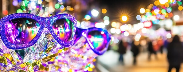 Glittery purple sunglasses displayed outdoors at night