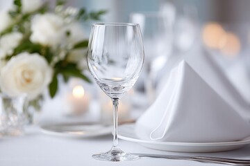 elegant black-tie gala dinner setup with pristine white tablecloth crystal glassware and ambient lighting