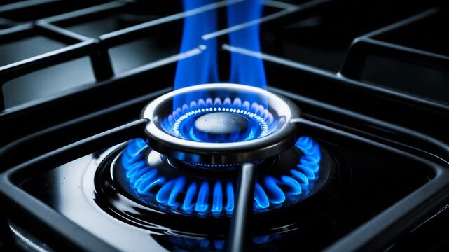 Blue flame produced by gas. Gas burner against a dark backdrop. Ignition of natural gas in stove burner, close-up view.