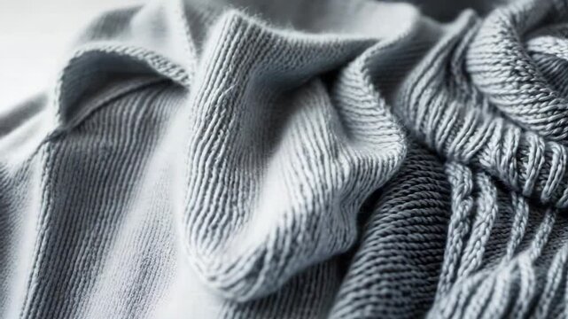 Knitting sweater in grey melange with i-cord bind off. Made from a wool and cashmere blend. Set against a backdrop of knitting patterns. Comfortable hobby. Cozy knitted clothing. Idea of handcrafted