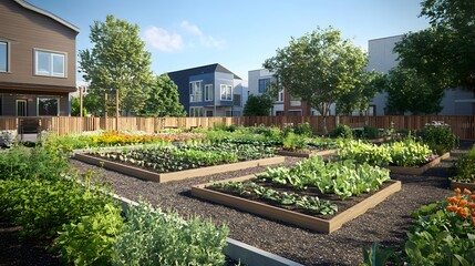 Fototapeta premium Community Garden Harmony: A vibrant community garden flourishes with various cultivated plants, surrounded by residential homes, creating a harmonious blend of nature and urban living.