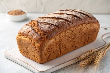 A delicious, freshly baked loaf of bread displayed on a wooden board with some wheat stalks.