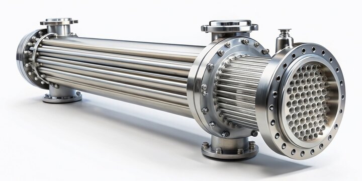 Isolated Shell and Tube Heat Exchanger on White Background - Industrial Equipment