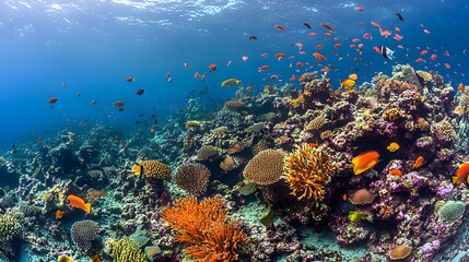 Ocean's Embrace: Witness a vibrant panorama of a thriving coral reef ecosystem. This underwater realm is teeming with life, a testament to the beauty and fragility of our oceans.  
