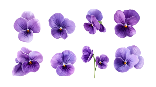 Pack Violet Flower Set in Different Poses on Transparent Background for Botanical, Nature, and Floral-Themed Designs