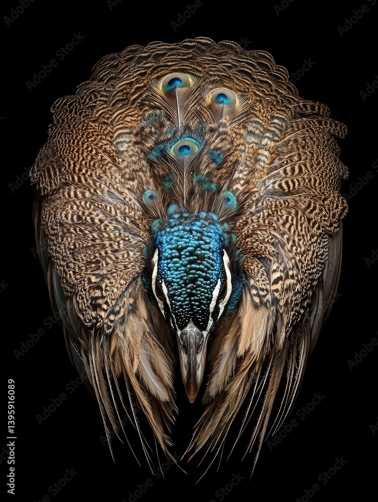 Poster close-up view of a bird displaying its feathers with intricate patterns and vibrant blue hues agains