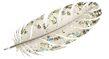 A white feather covered with iridescent glitter against a black background close up shot