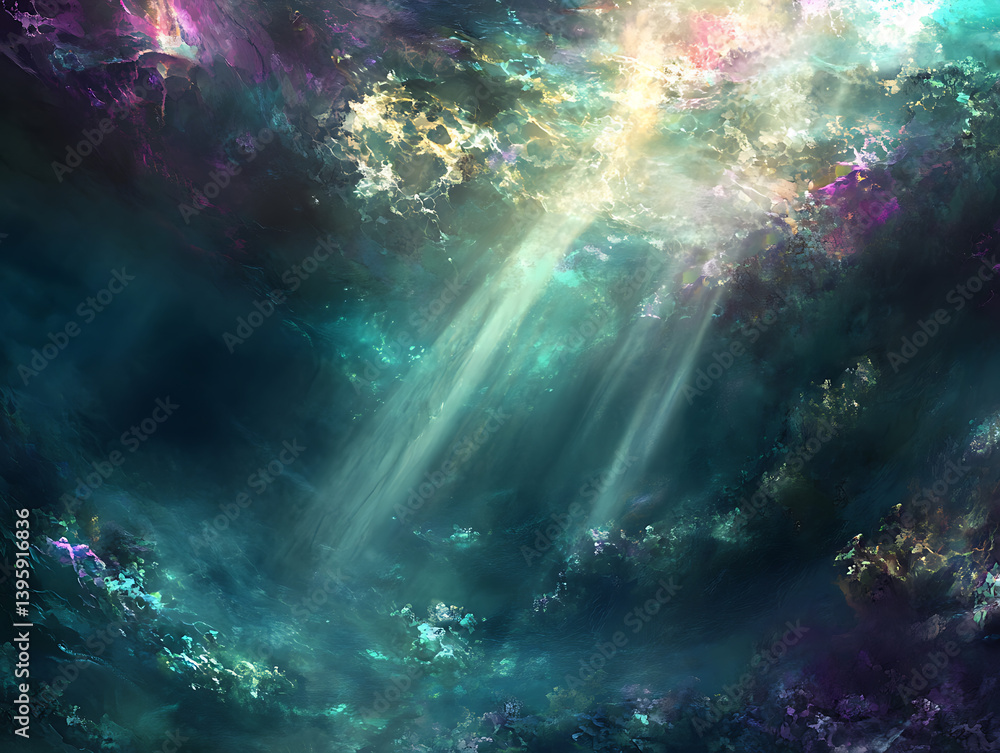 Poster underwater view of the ocean surface with sunlight filtering through, creating an ethereal and tranq