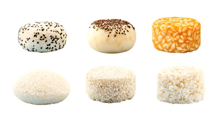 Pack Rice Cake Set in Different Poses Against Transparent Background for Bakery Promotion, Dessert Branding, or Food Packaging