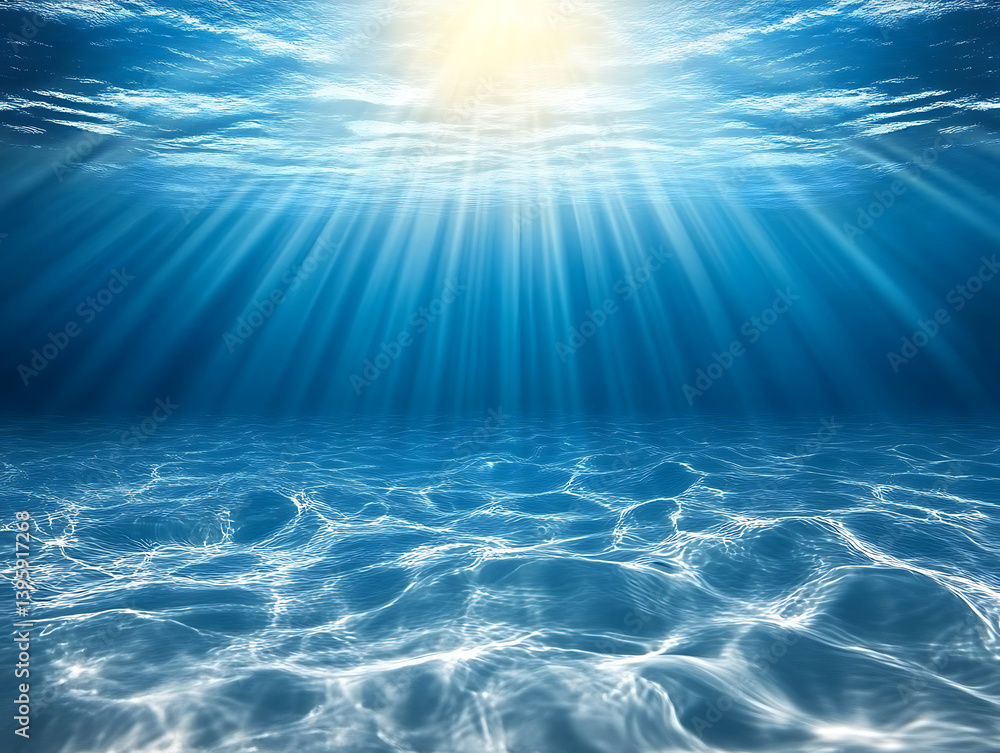 Poster underwater view of the ocean surface with sunlight filtering through, creating an underwater scene w