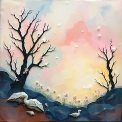 A mixed-media artwork using soft pastel colors to represent a mystic and enchanting environment. The artwork should convey a gentle and soothing feeling.