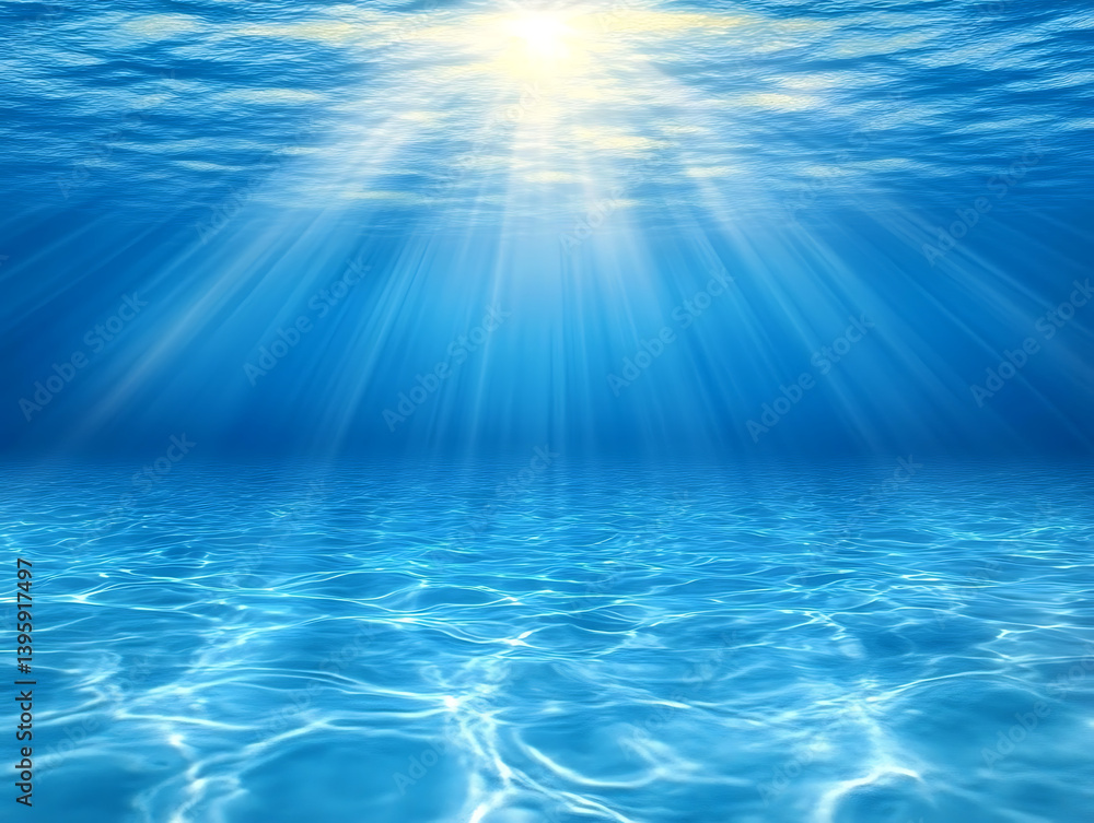 Poster underwater view of the ocean surface with sunlight filtering through, creating an underwater scene w