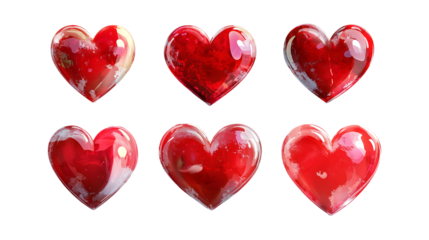 Pack Red Heart Set in Different Poses Against Transparent Background for Love Symbols, Romantic Designs, or Valentine Day Graphics