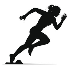 Powerful Female Athlete in a Running Silhouette/A dynamic silhouette of a female track and field athlete in a starting position, poised for a sprint.