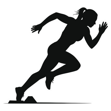 Powerful Female Athlete in a Running Silhouette/A dynamic silhouette of a female track and field athlete in a starting position, poised for a sprint.