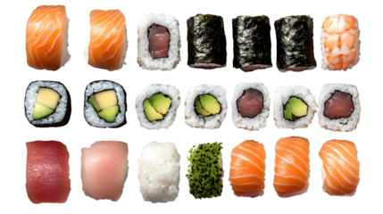 A set of assorted sushi pieces isolated on a transparent background. Includes salmon nigiri, tuna nigiri, and maki rolls with rice, seaweed, fresh fish, and avocado. Bright, vibrant colors, glossy tex