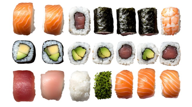 A set of assorted sushi pieces isolated on a transparent background. Includes salmon nigiri, tuna nigiri, and maki rolls with rice, seaweed, fresh fish, and avocado. Bright, vibrant colors, glossy tex