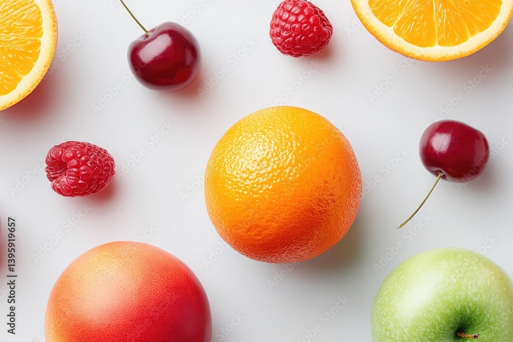 Poster minimalistic arrangement of vibrant fruits creating artistic pattern on clean white background with 