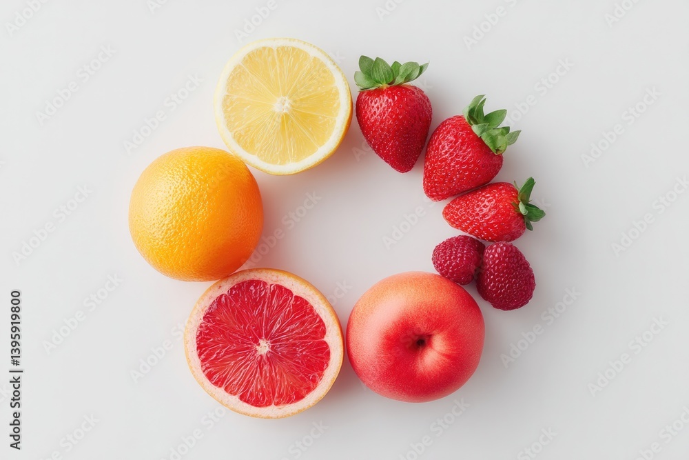 Poster minimalistic arrangement of vibrant fruits creating artistic pattern on clean white background with 