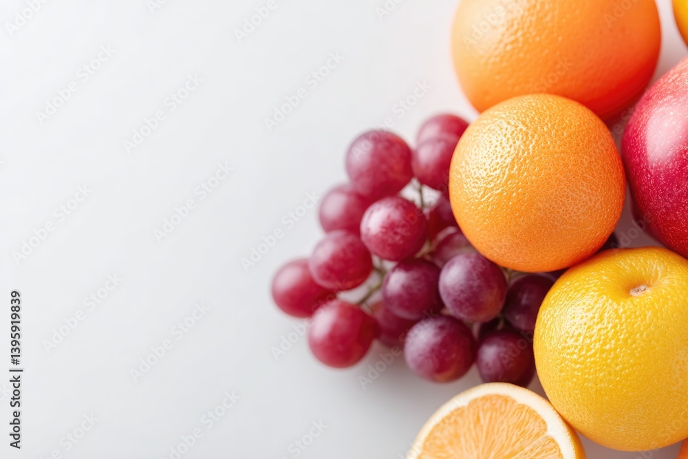 Poster minimalistic arrangement of vibrant fruits creating artistic pattern on clean white background with 