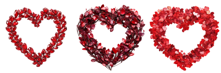 Set of A heart-shaped arrangement of vibrant red roses, delicately placed on transparent png background. Ai generated