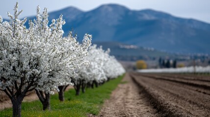 spring countryside beauty, picturesque spring countryside with blossoming orchards, plowed fields, and mountains in the distance, under serene sunlight