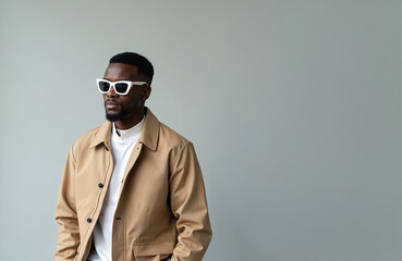 Fototapeta premium Stylish african american man in sunglasses, beige jacket white shirt. Modern male model with fashionable outfit. Studio portrait, minimalist, copy space.
