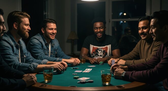 A group of men are sitting around a poker table laughing and enjoying a friendly game in a dark room