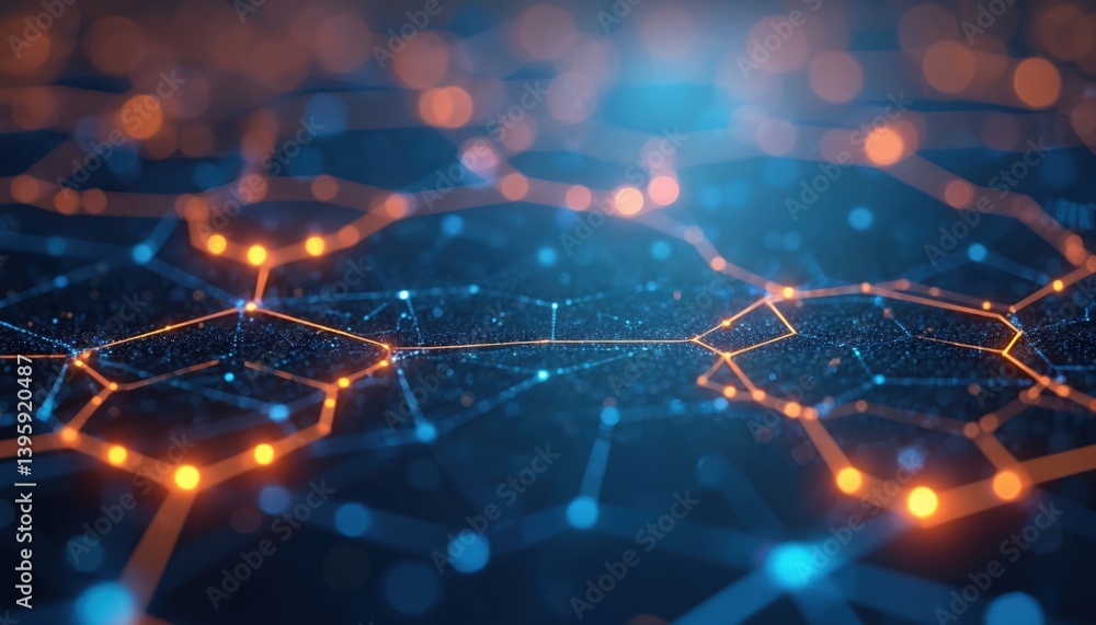 Aufkleber Futuristic tech background with glowing blue orange lines. Hexagon shapes, digital network, tech connection. Modern abstract background for digital presentations, data visualization or business tech.