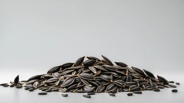 Flying sunflower seeds in isolation. Collection of raw descending seeds, grains with shells, pile of fresh edible striped oil seeds viewed from the side against a white background.