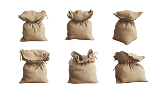 Pack Sandbag Set in Different Poses Against Transparent Background for Military Design, Construction Illustration, or Flood Protection Graphics