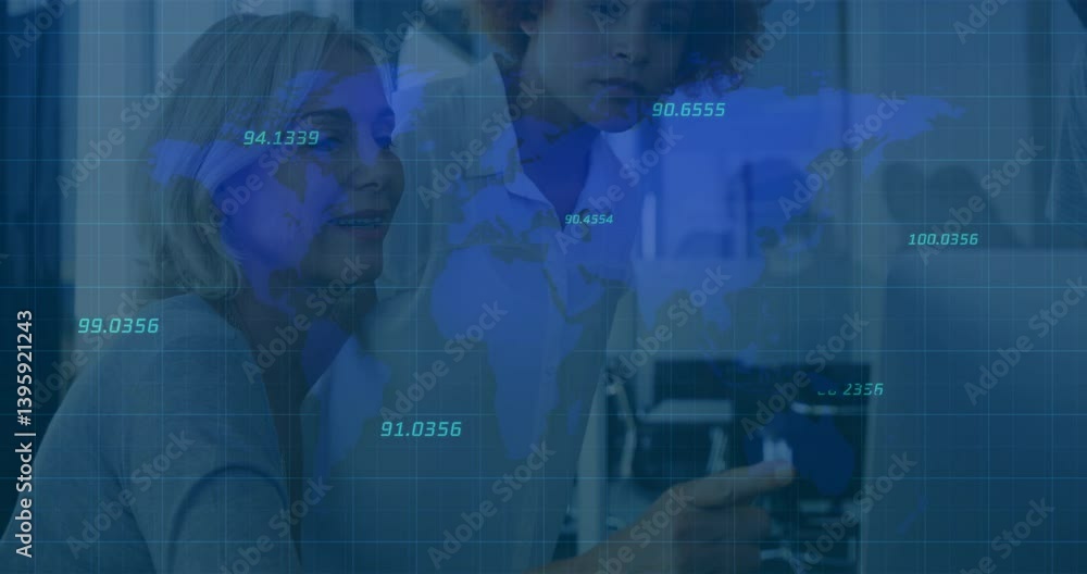 Poster business professionals analyzing data with world map and numbers overlay animation