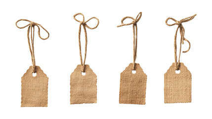 Pack Tag with Jute Twine Set in Different Poses on Transparent Background for Packaging, Craft, and Labeling-Themed Designs