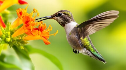 Naklejka premium Hummingbird's Nectar Feast: A vibrant hummingbird, showcasing its iridescent plumage and agile flight, delicately probes a bright orange flower for nectar.
