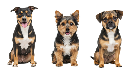 Three Dogs Sitting on White Background Looking at Camera