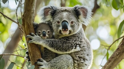 Obraz premium Cuddly Koala Embrace: A heartwarming depiction of a koala and its joey sharing a tender moment in their arboreal habitat. A display of affection, nature, and gentle connection.