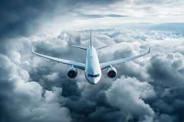 Obraz premium White passenger airplane flies directly towards camera high above thick layers of cumulus clouds under overcast sky