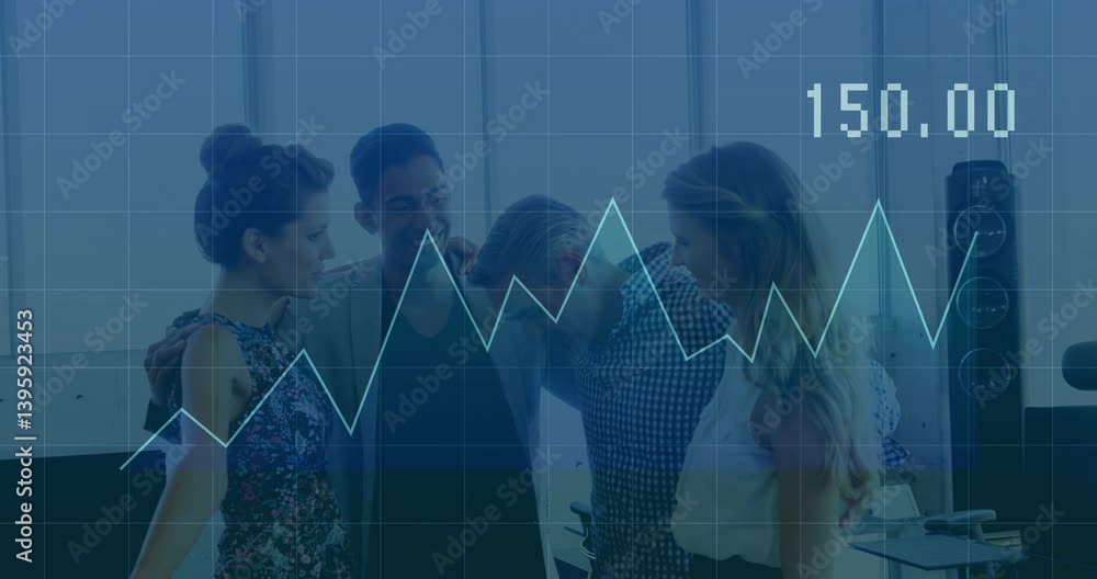 Poster collaborating in office, business team analyzing financial graph and data animation