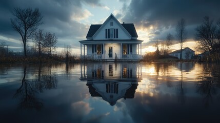 Fototapeta premium Flooded farmhouse at sunset, tranquil reflection
