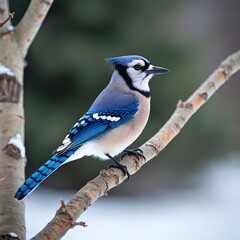 Blue jay bird perched on tree branch during winter. Wild avian with vibrant blue, white, black feathers. Nature scene. Wildlife photo for print, decor, design.