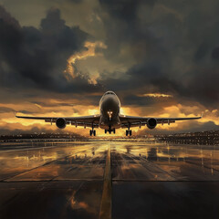 Commercial Airplane Taking Off at Sunset on Wet Runway - Dramatic Sky and Reflections