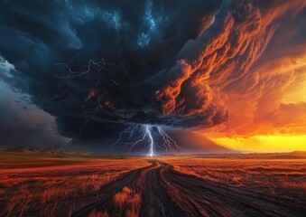 A fierce storm swirls over a barren wasteland, lightning illuminating the eerie landscape. The air crackles with energy.