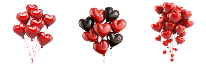 Set of A couple holding hands, surrounded by floating red heart-shaped balloons in a sunny park  on transparent png background. Ai generated