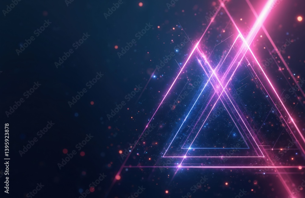 Aufkleber Abstract illustration with neon glowing triangle shapes. Futuristic background with lines circuits, glowing particles. Digital hi-tech design for tech product promotion. Modern design with copy space.