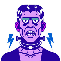 A grumpy Frankenstein's monster, bolts and all, showing his displeasure with bold purple and electric blue tones.