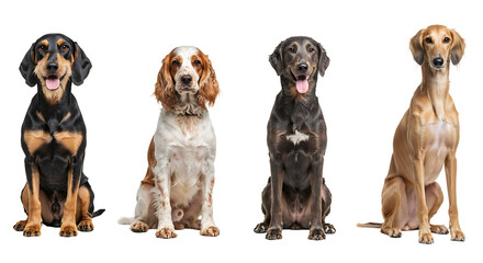 Fototapeta premium Four Dogs Sitting Together Isolated on White Background